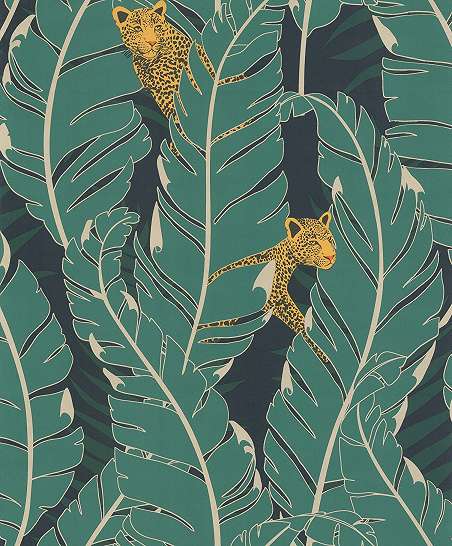 Zöld leopárd és pálmalevél mintás mosható design tapéta