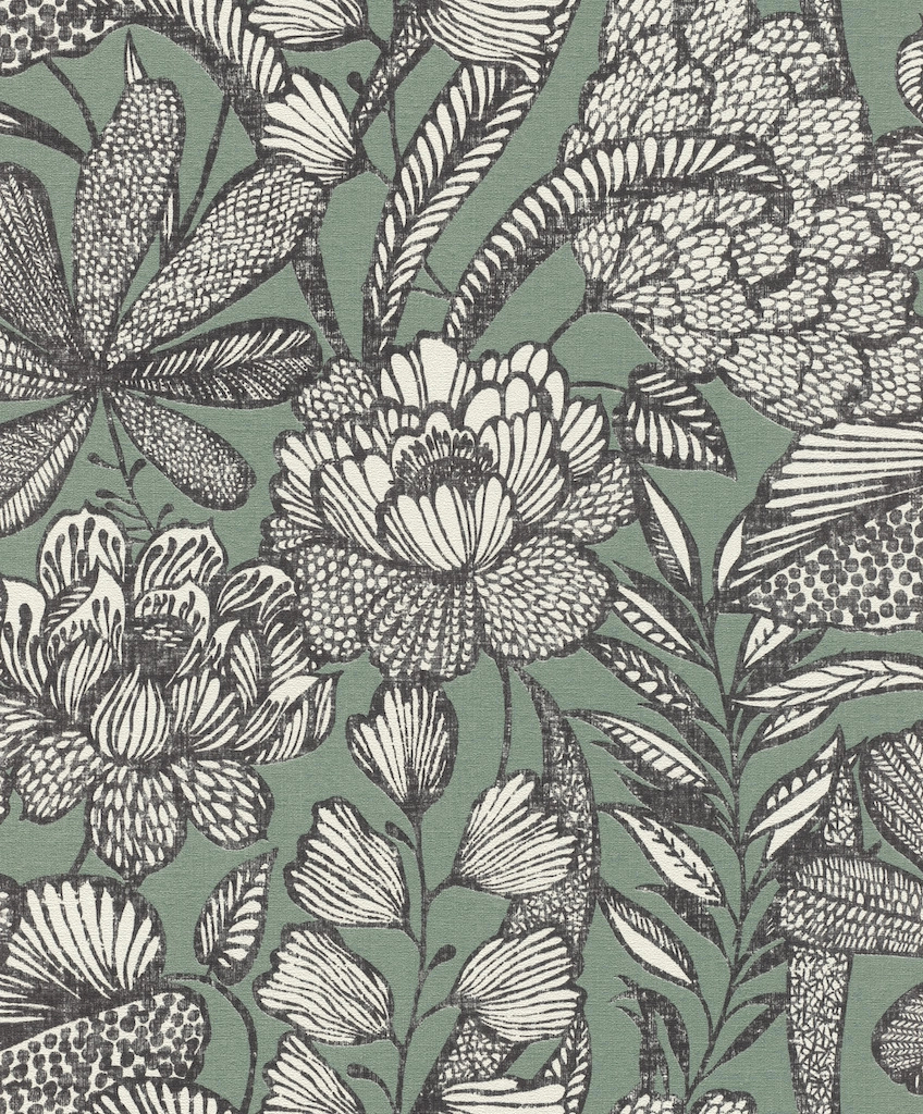 Zöld levél és virágos mintás vlies design tapéta textil struktúrával