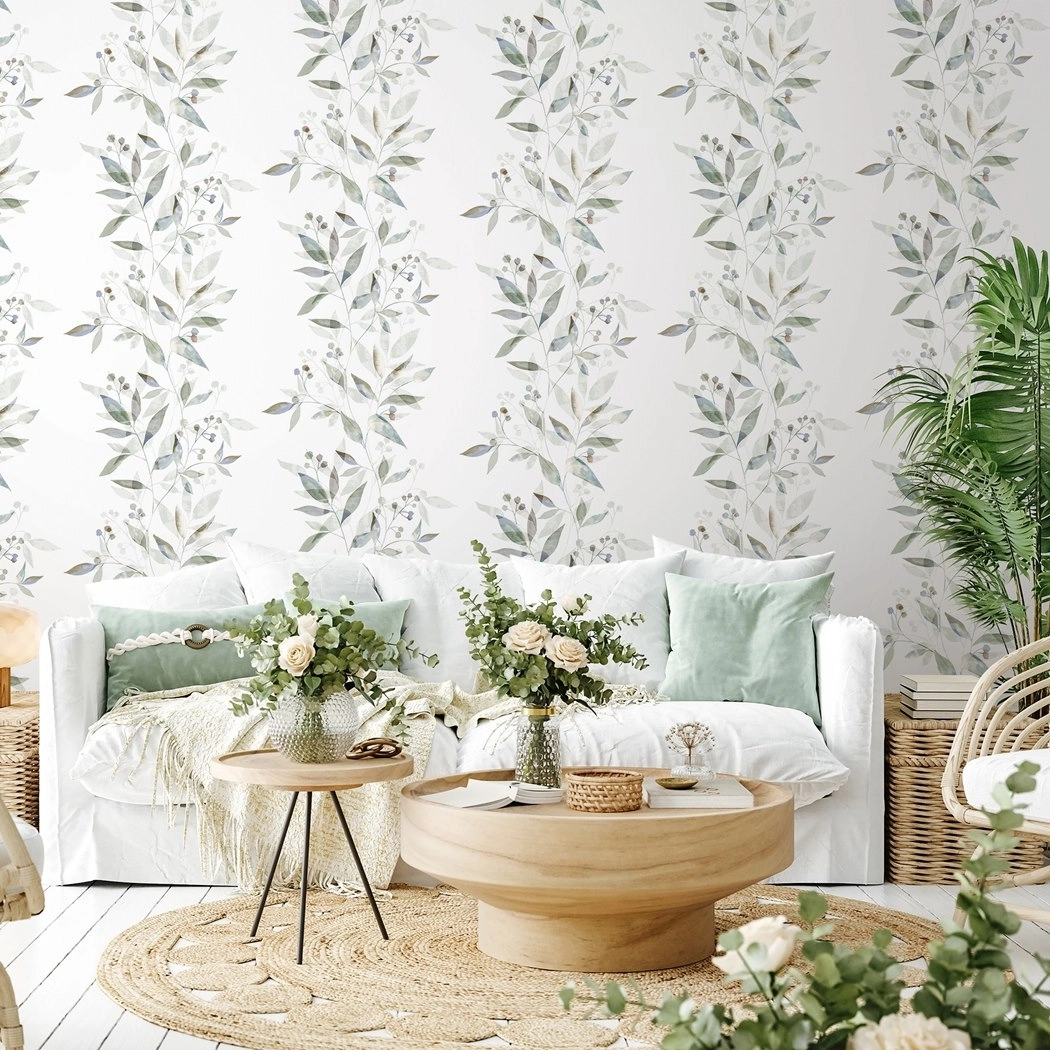 Zöld levél mintás vinyl dekor tapéta akvarell hatással