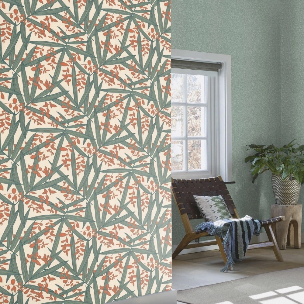 Zöld leveles dekor tapéta krémfehér textil struktúrált alapon