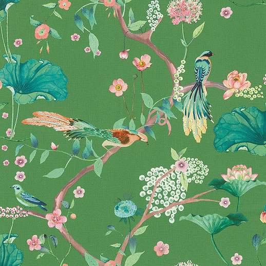 Zöld madár és virágmintás keleties dekor tapéta