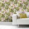 Zöld rózsaszín trópusi levél és orchidea mintás vlies design tapéta