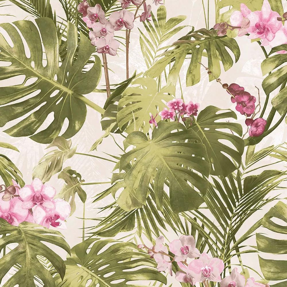 Zöld rózsaszín trópusi levél és orchidea mintás vlies design tapéta