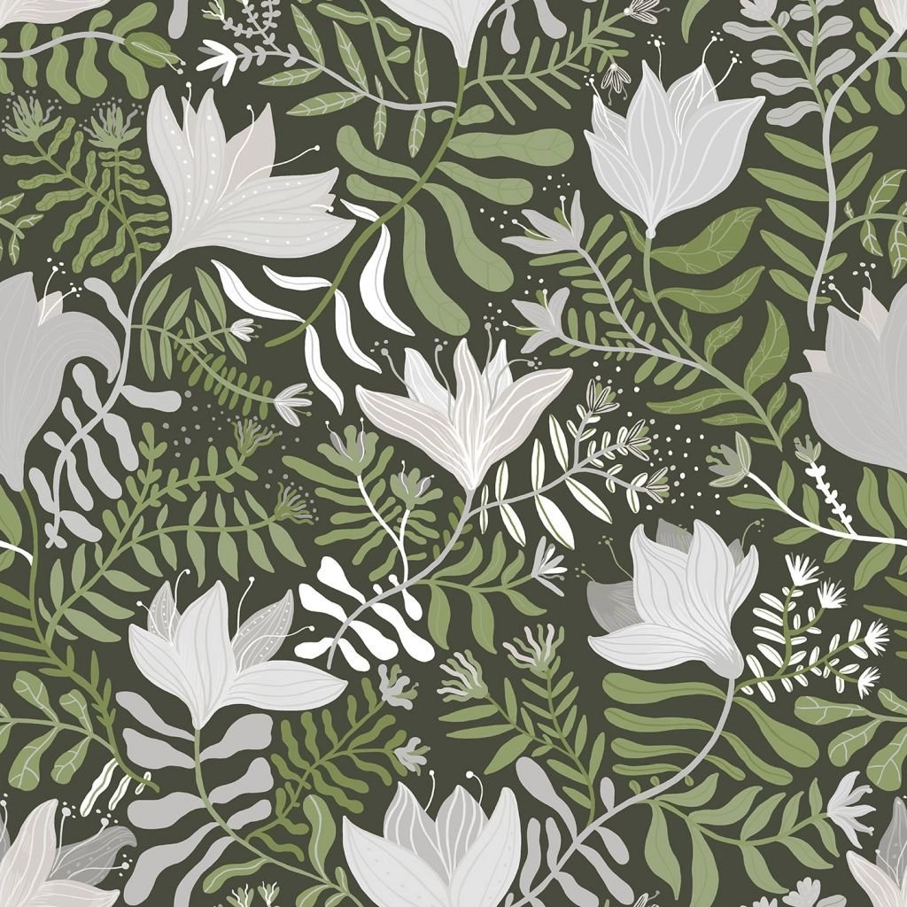 Zöld skandi stílusú levél és virágmintás design tapéta