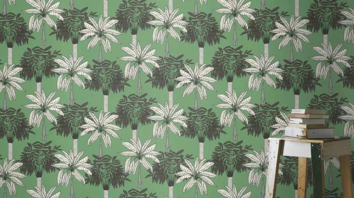 Zöld skandináv rajzolt stílusú pálma mintás trendi vlies tapéta
