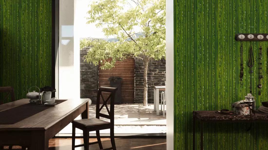 Zöld színű dekor tapéta bambusz mintával