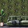 Zöld színű design tapéta darumadár és trópusi mintával