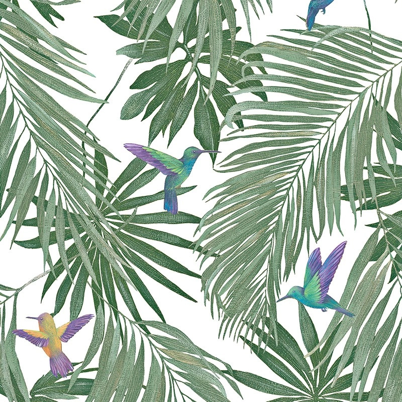 Zöld vinyl tapéta kolibri madár és pálmaleveles mintával