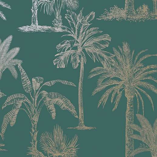 Zöldeskék dekor tapéta pálmafa mintával metál fénnyel