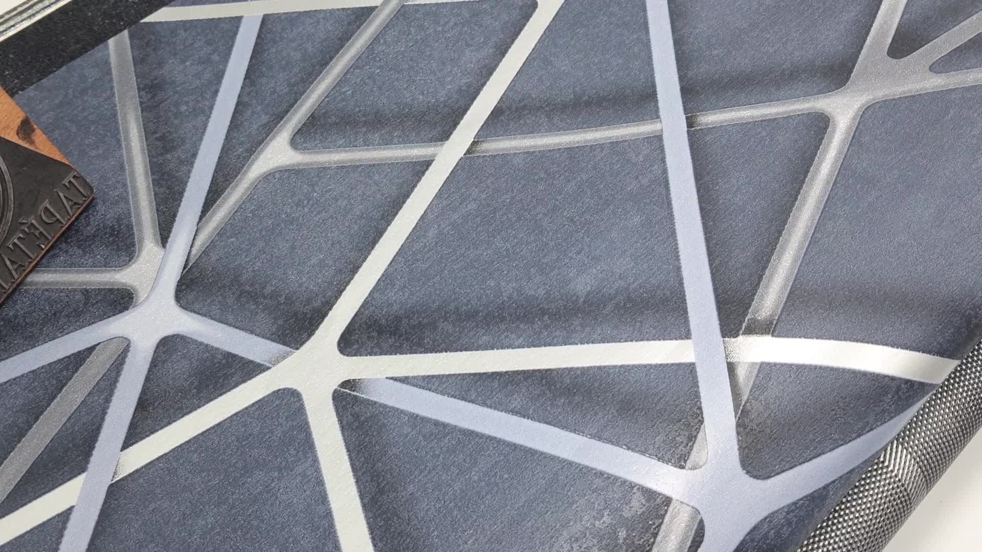 3D tapéta kék alapon szürke ezüst csíkos geometrikus 3D hatású mintával