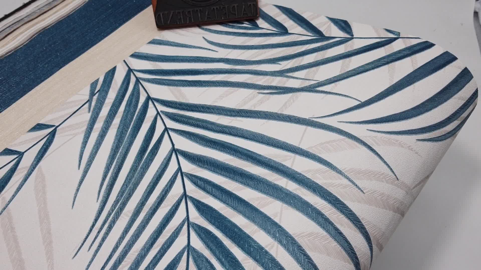 Pálmalevél mintás vlies design tapéta türkiz pálmalevél mintával