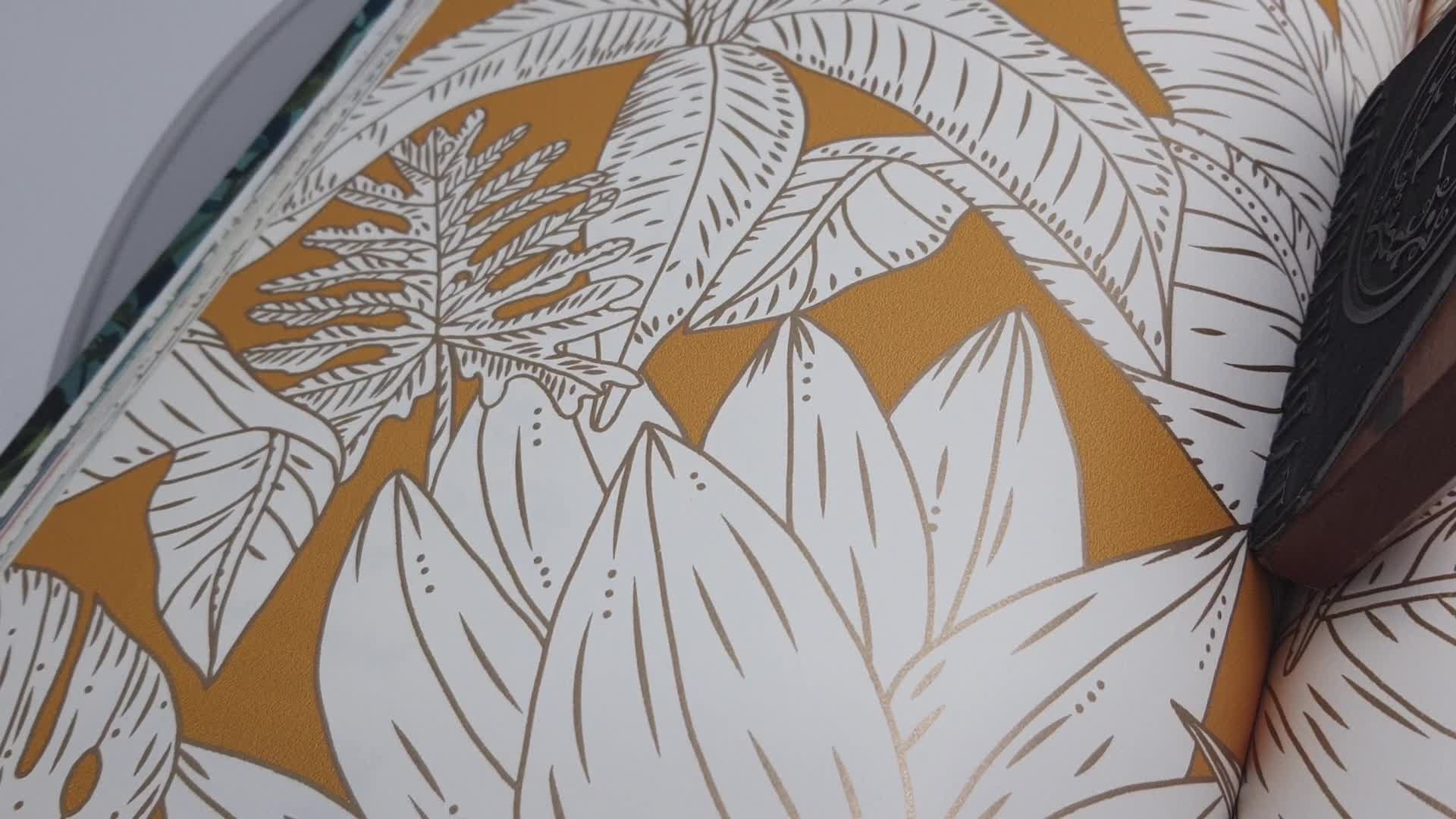 Sárga alapon trendi rajzolt levélmintás prémium vlies tapéta