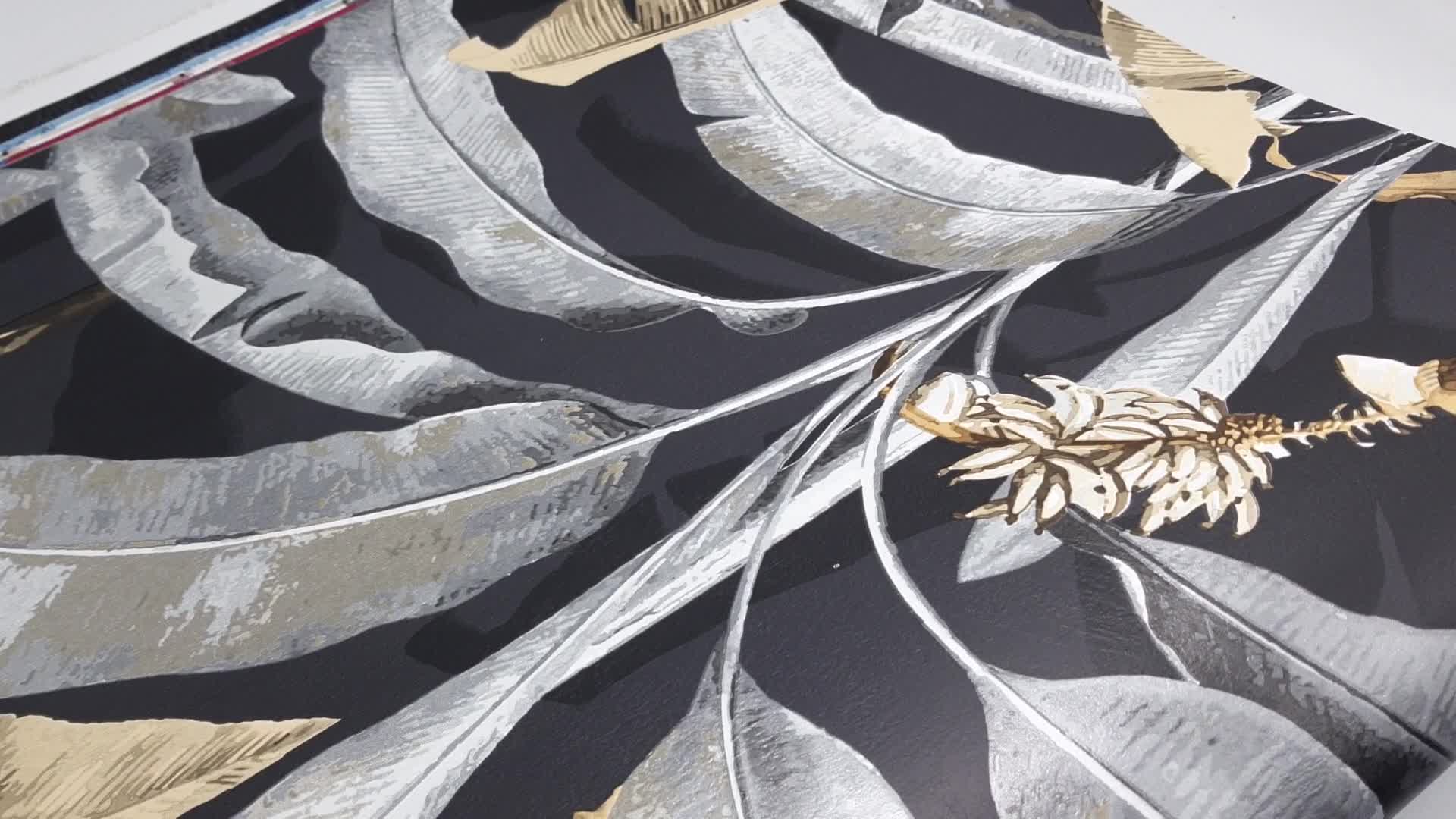 Design tapéta banánlevél mintával fekete színben