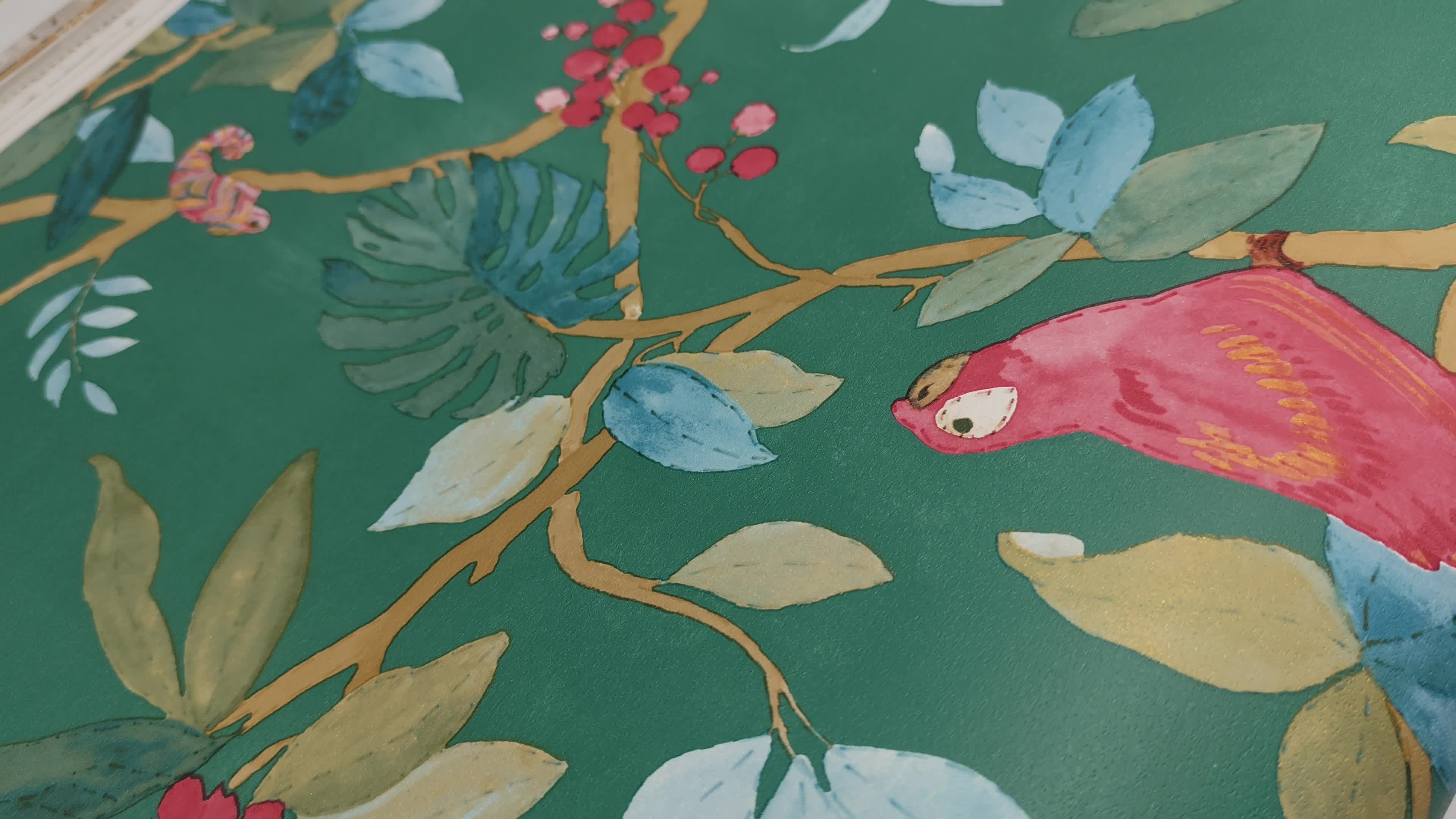 Zöldes alapon trópusi madár és pálmalevél mintás vlies design tapéta