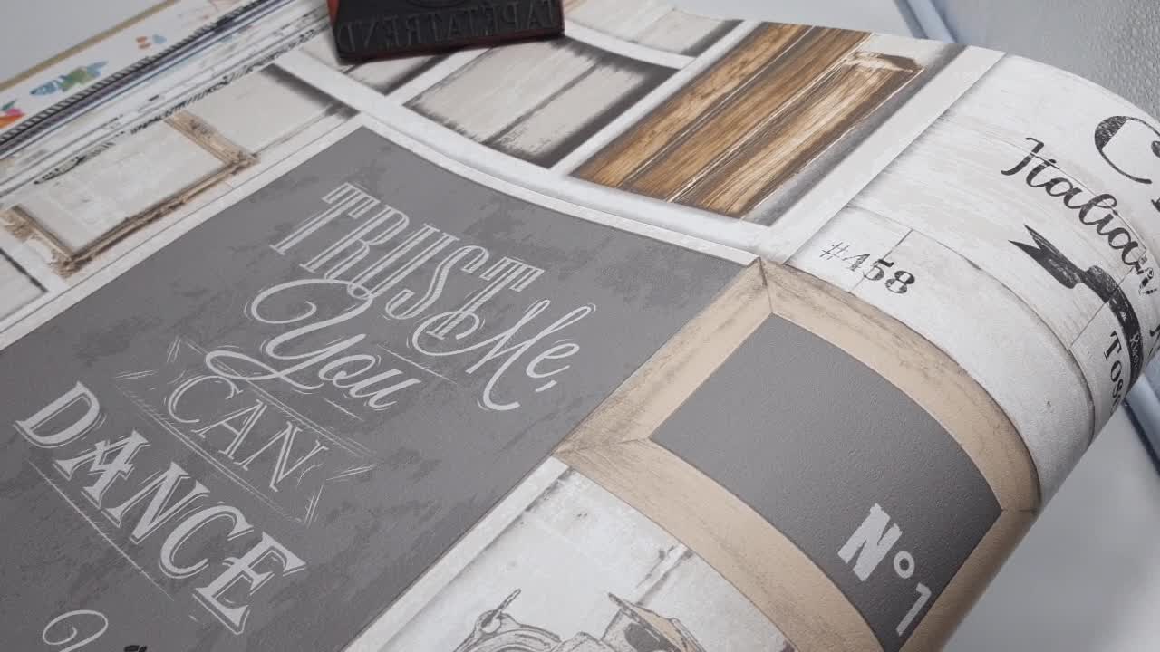 Vintage hangulatú design tapéta fahatású polc mintával