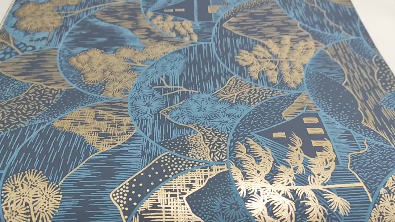Sötétkék arany design tapéta keleties stílusú tájkép mintával
