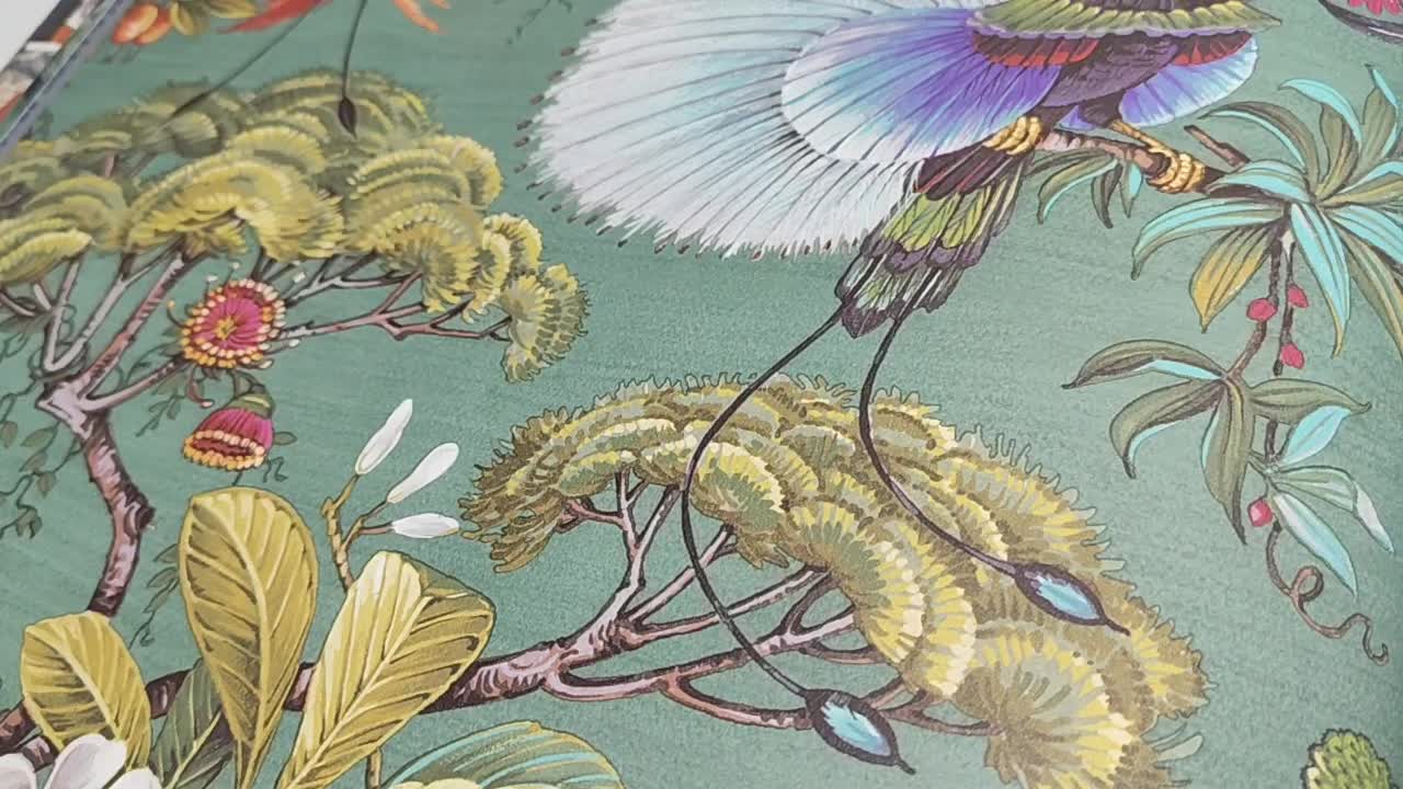 Színes trópusi madár és botanikus mintás design tapéta