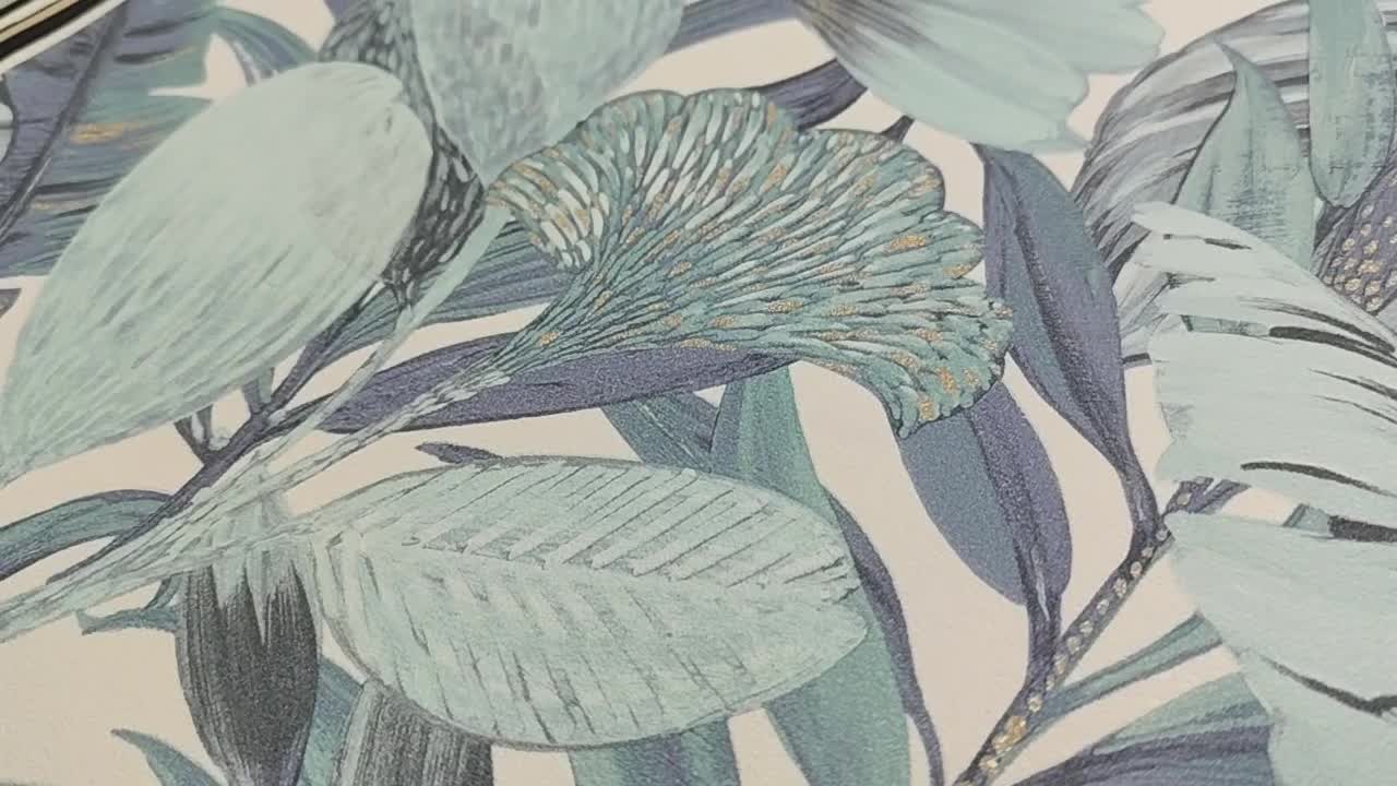 Türkizkékes levélmintás vlies design tapéta