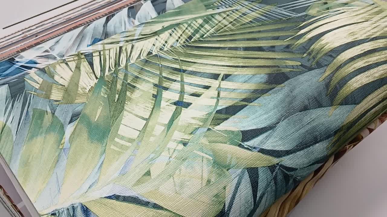Pálmalevél mintás dekor tapéta zöld kék pálmaleveles mintával