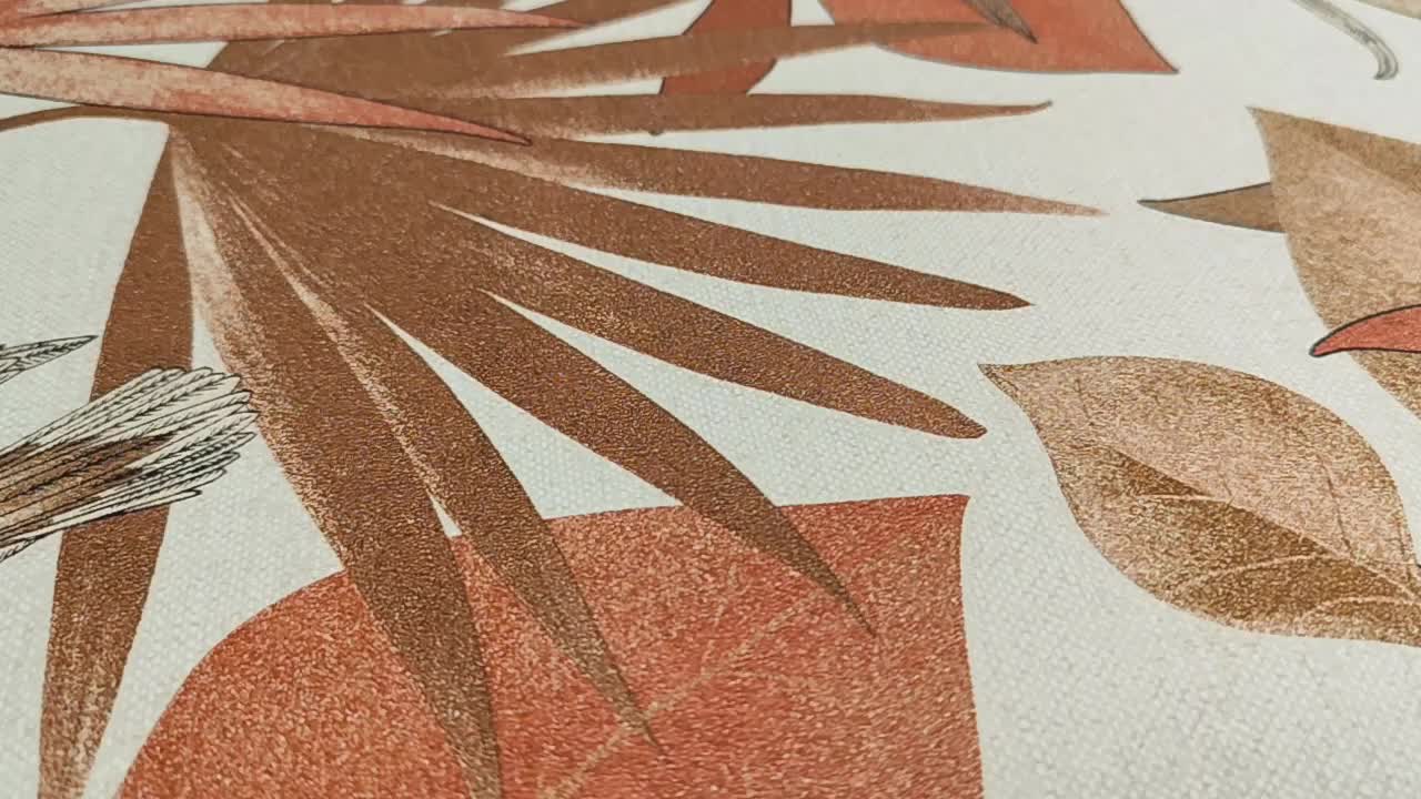 Design tapéta madár és levél mintával bézs alapon terrakotta színben