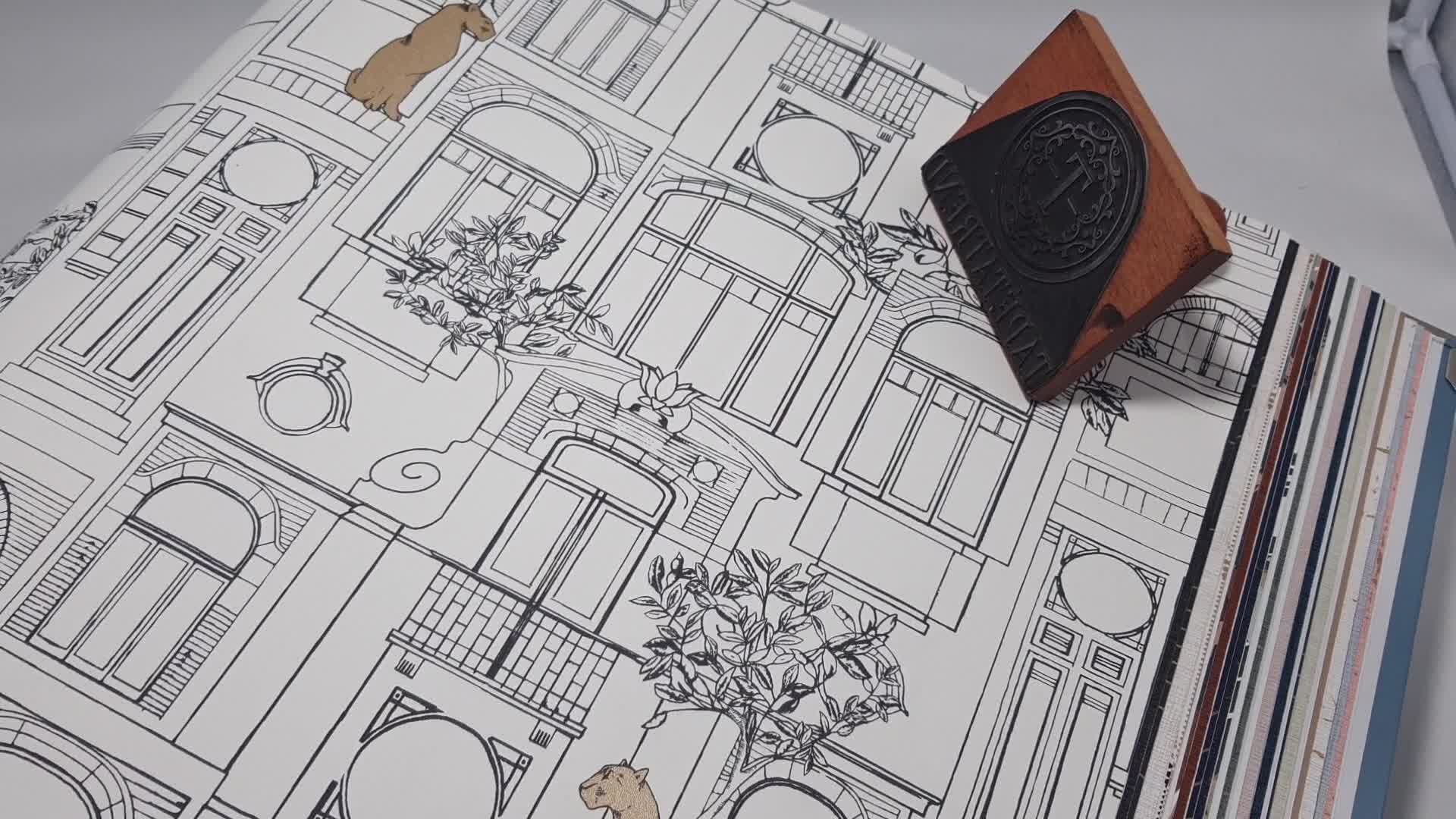 Art deco rajzolt ház mintás fekete fehér design tapéta