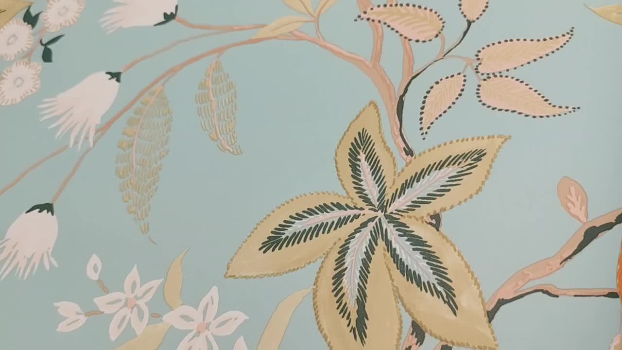 Francia design tapéta vízzöld alapon romantikus madár és leveles mintával