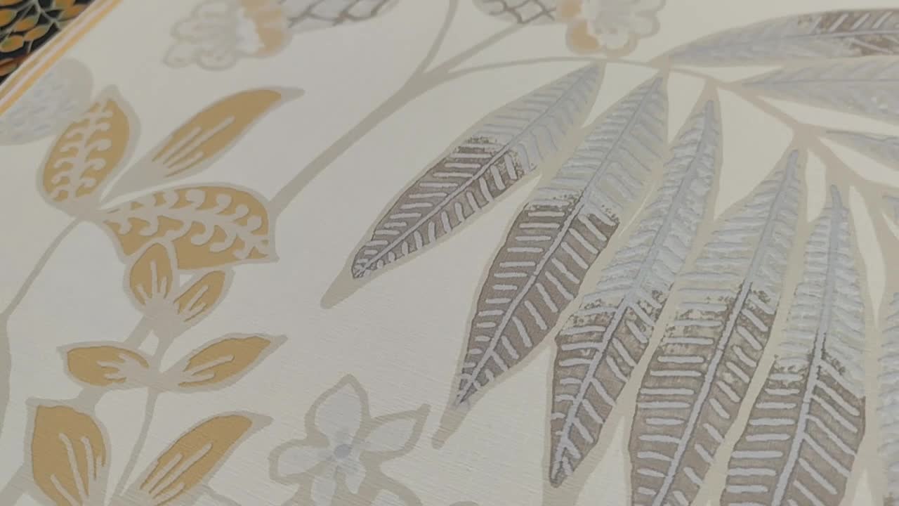 Koptatott fehér vidám pálmalevél mintás vinyl francia design tapéta