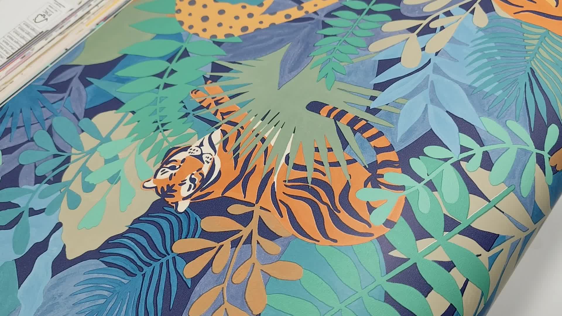 Gyerektapéta kék dzsungel oroszlán és tigris mintával