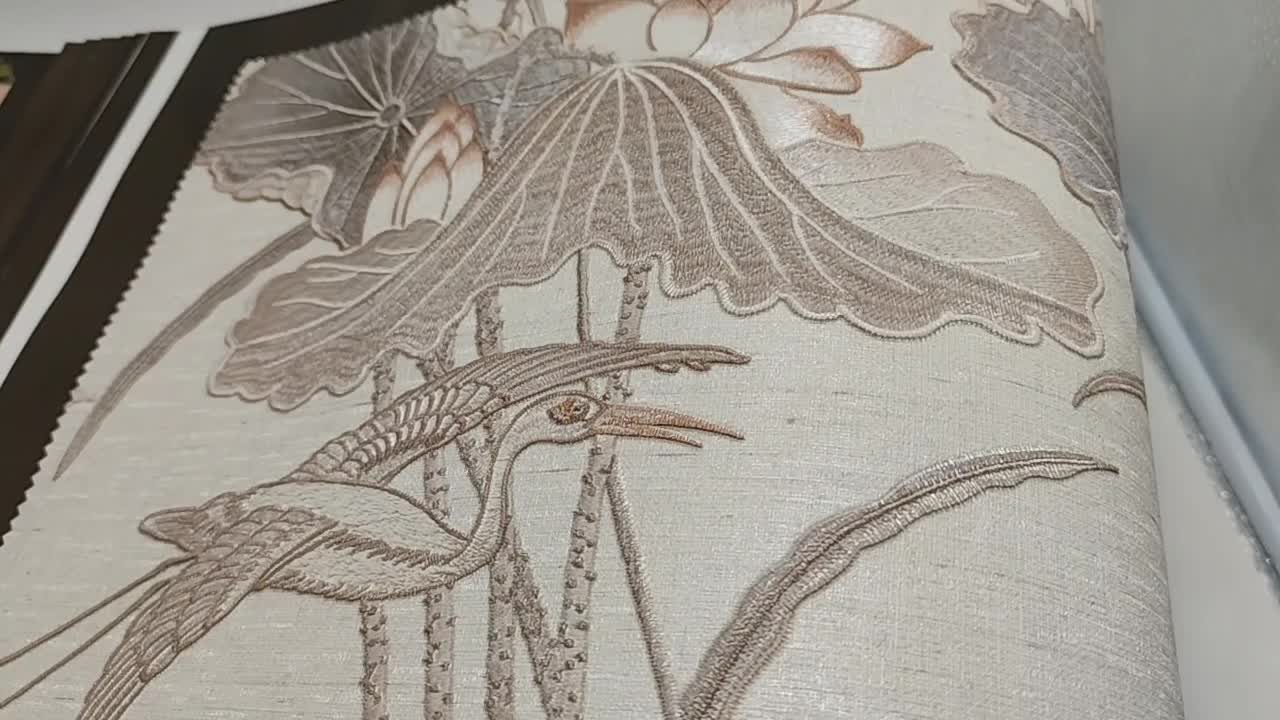 Szürke daru és lótusz levél mintás design tapéta