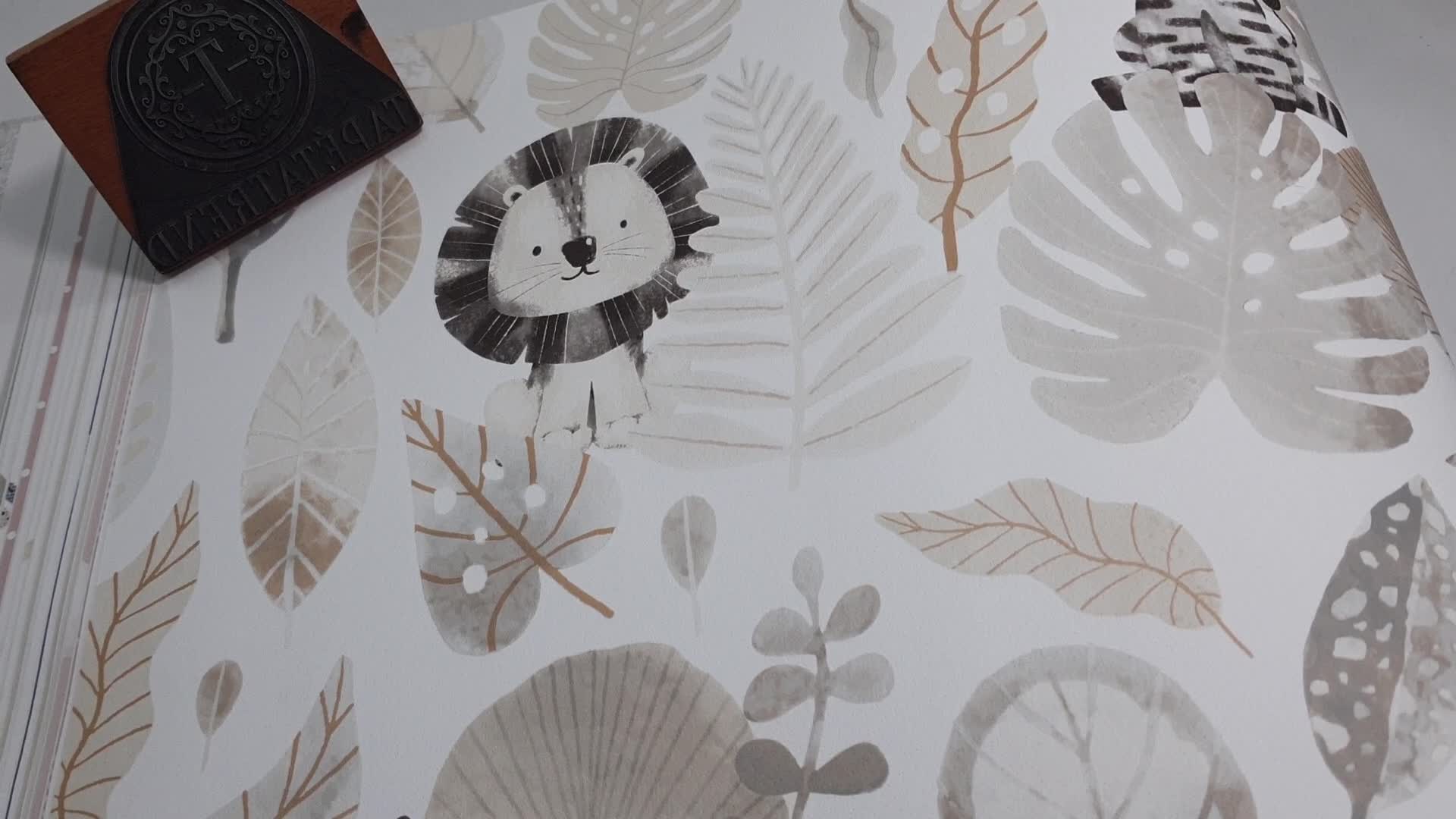 Fehér alapon szürke és beige színű állat és levél mintás gyerek design tapéta