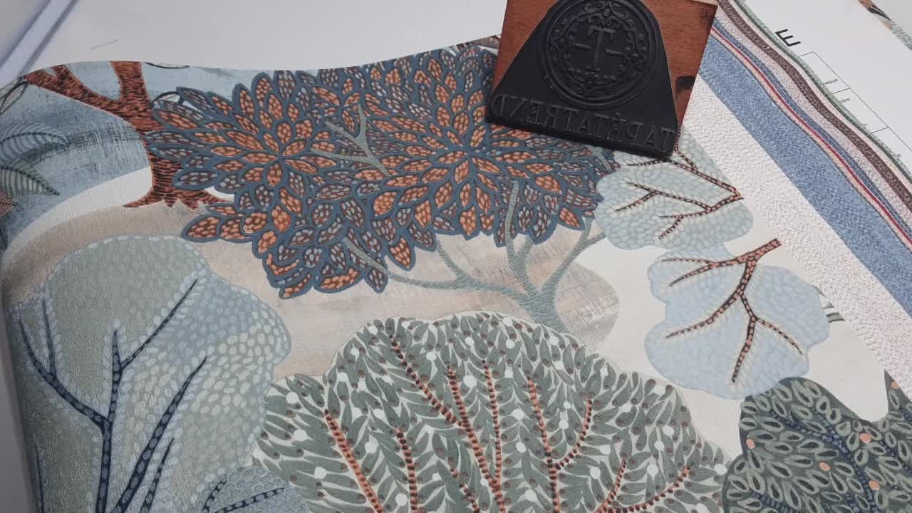 Fa és levél mintás kék és zöld színű design tapéta