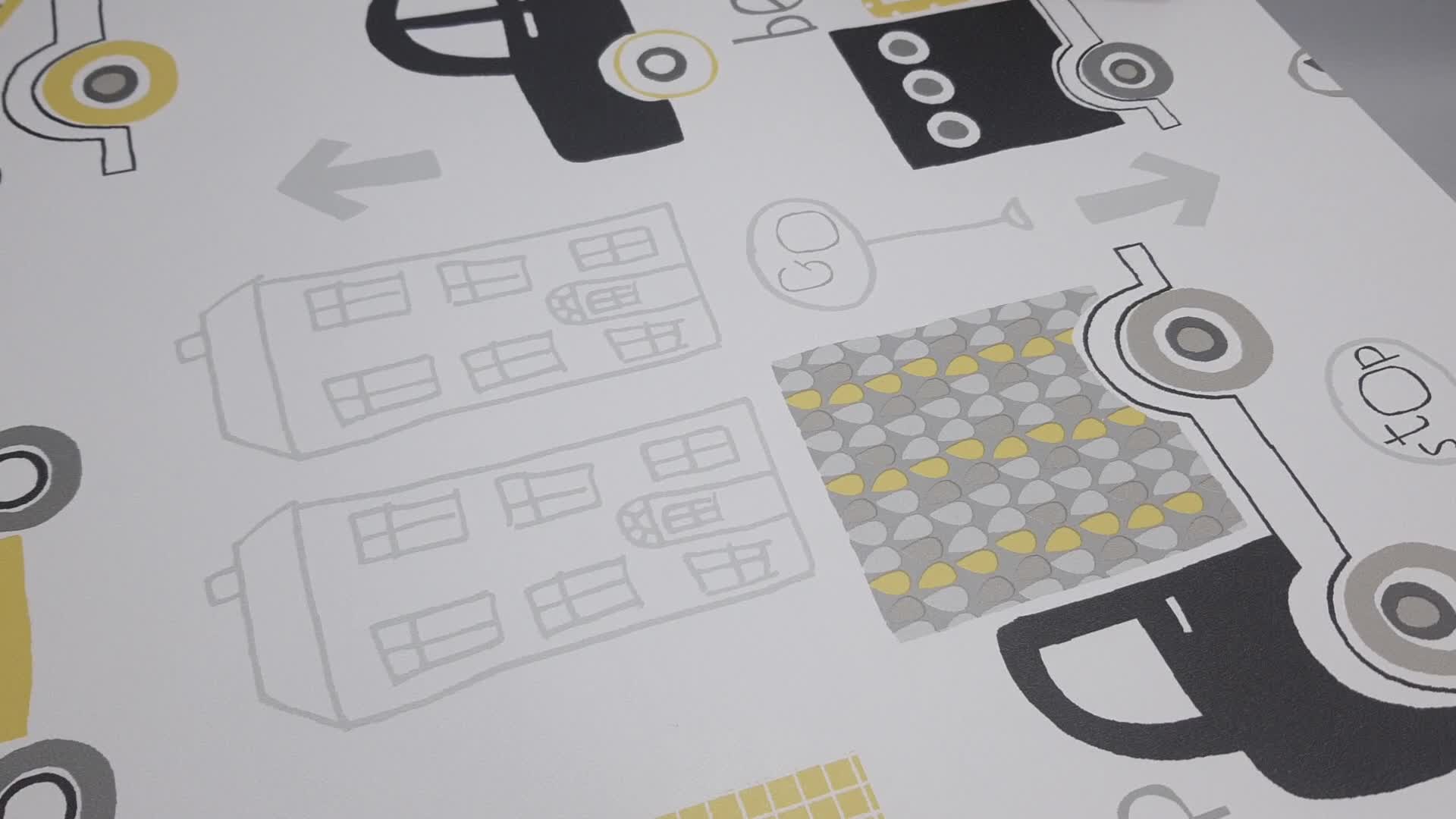 Ház és autó mintás gyerek design tapéta fekete, szürke és sárga színekkel