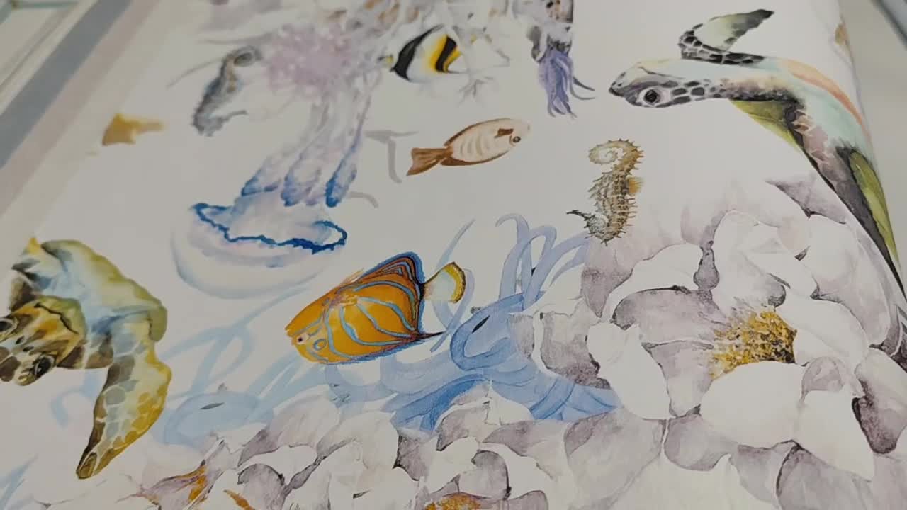 Gyerek design tapéta sós vizi élővilággal akvarell stílusban