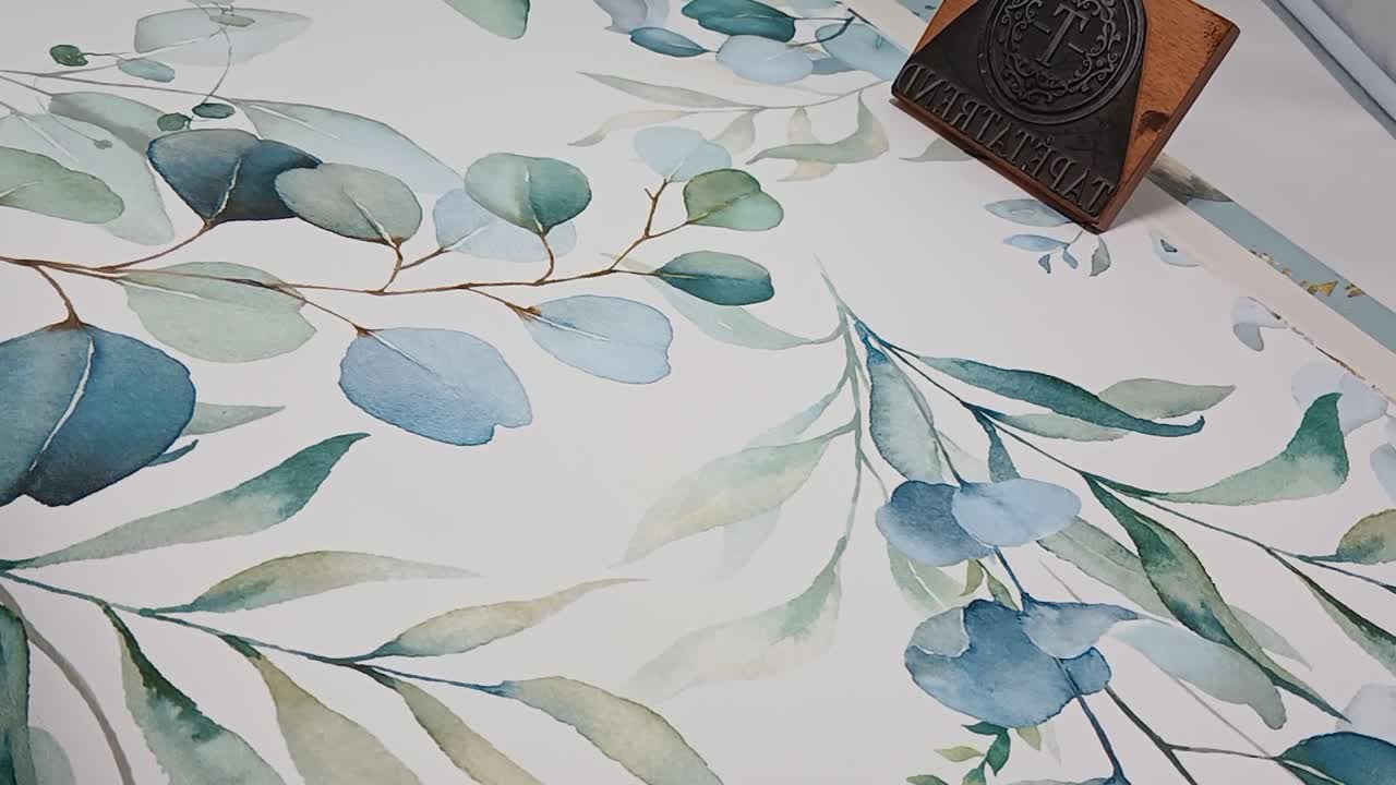 Kékes zöld levél mintás gyerek design tapéta akvarelles stílusban