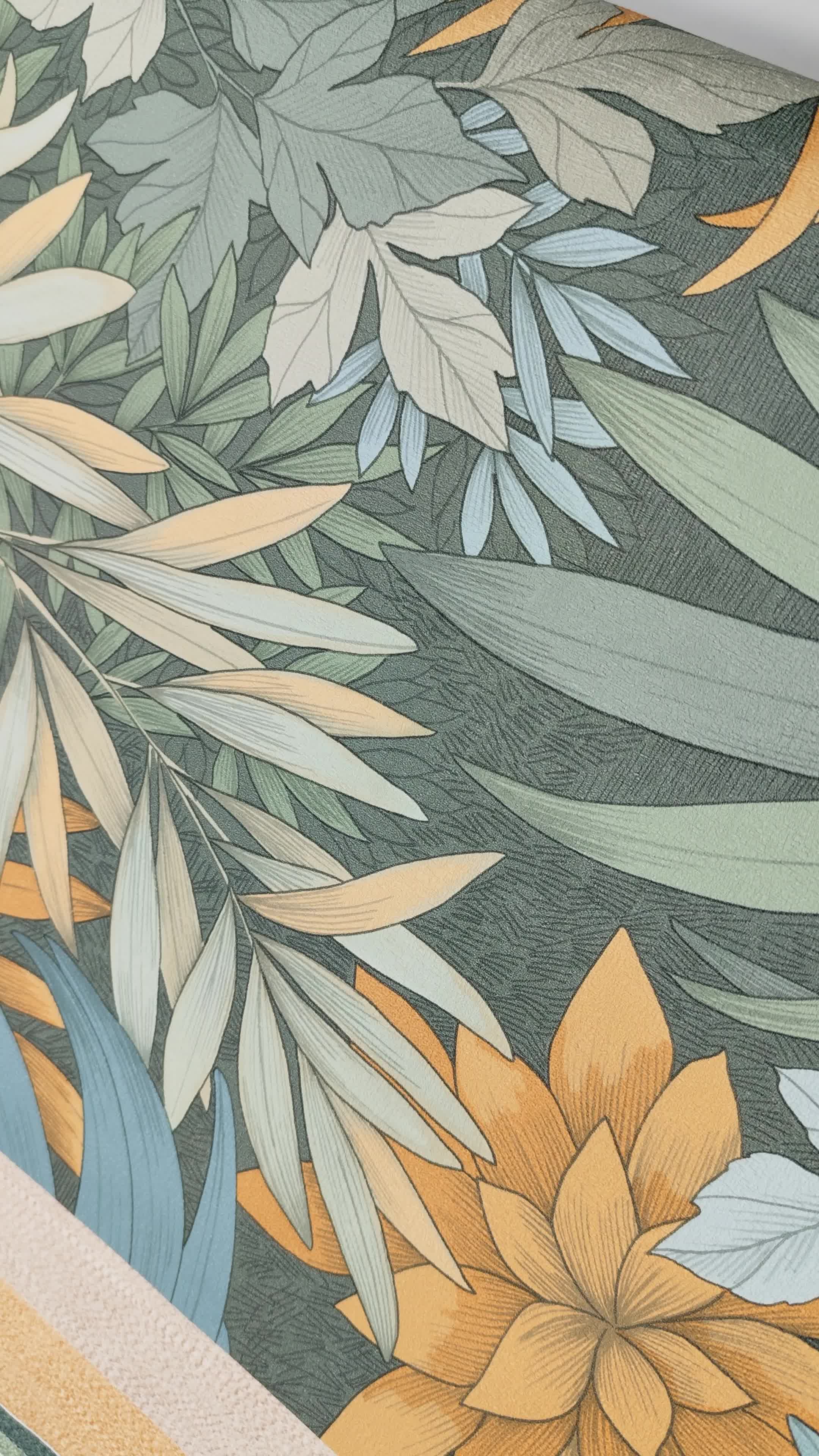 Levélmintás vinyl tapéta kékes zöldes színekkel