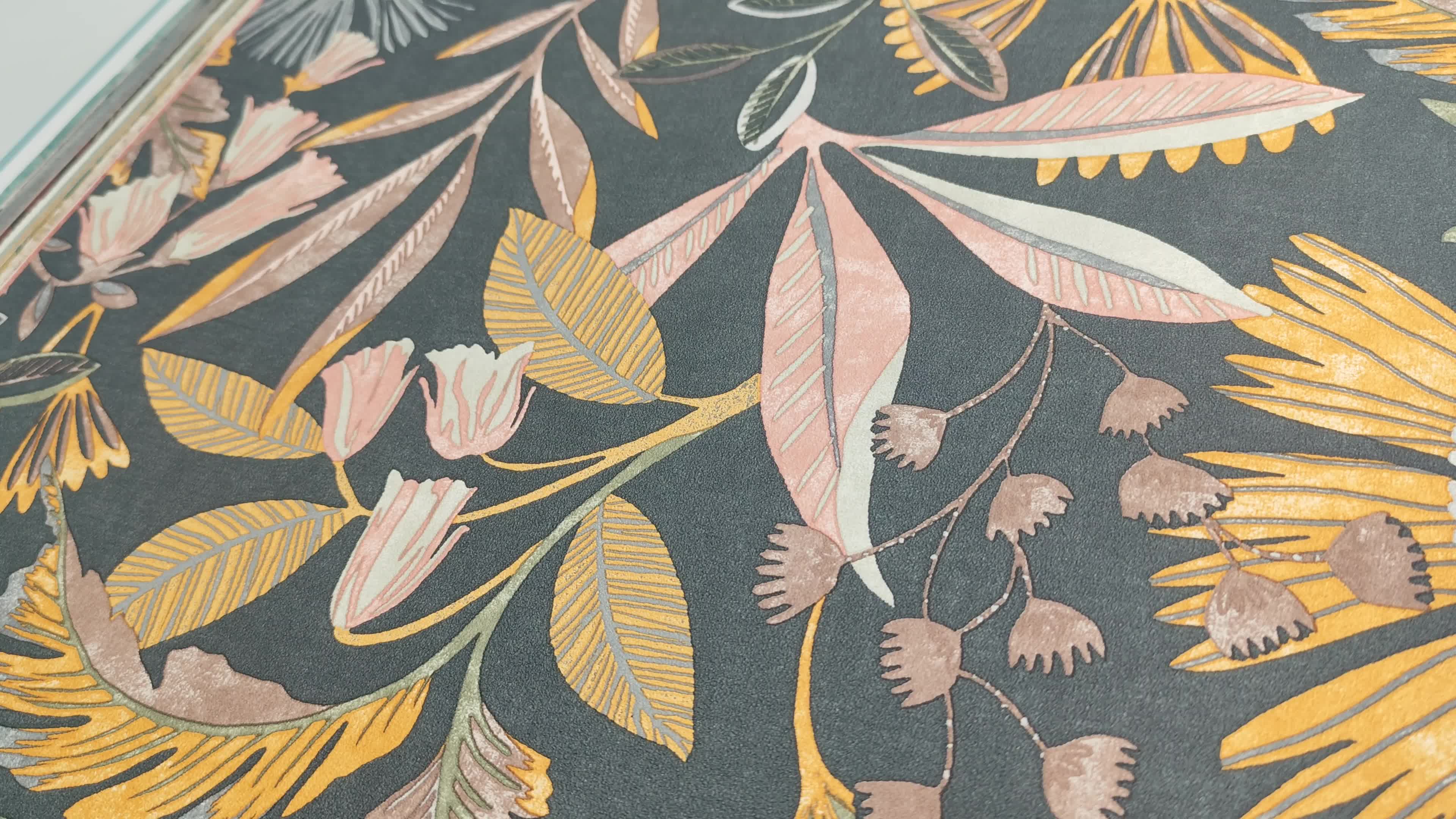 Vinyl tapéta antracit alapon leveles mintával