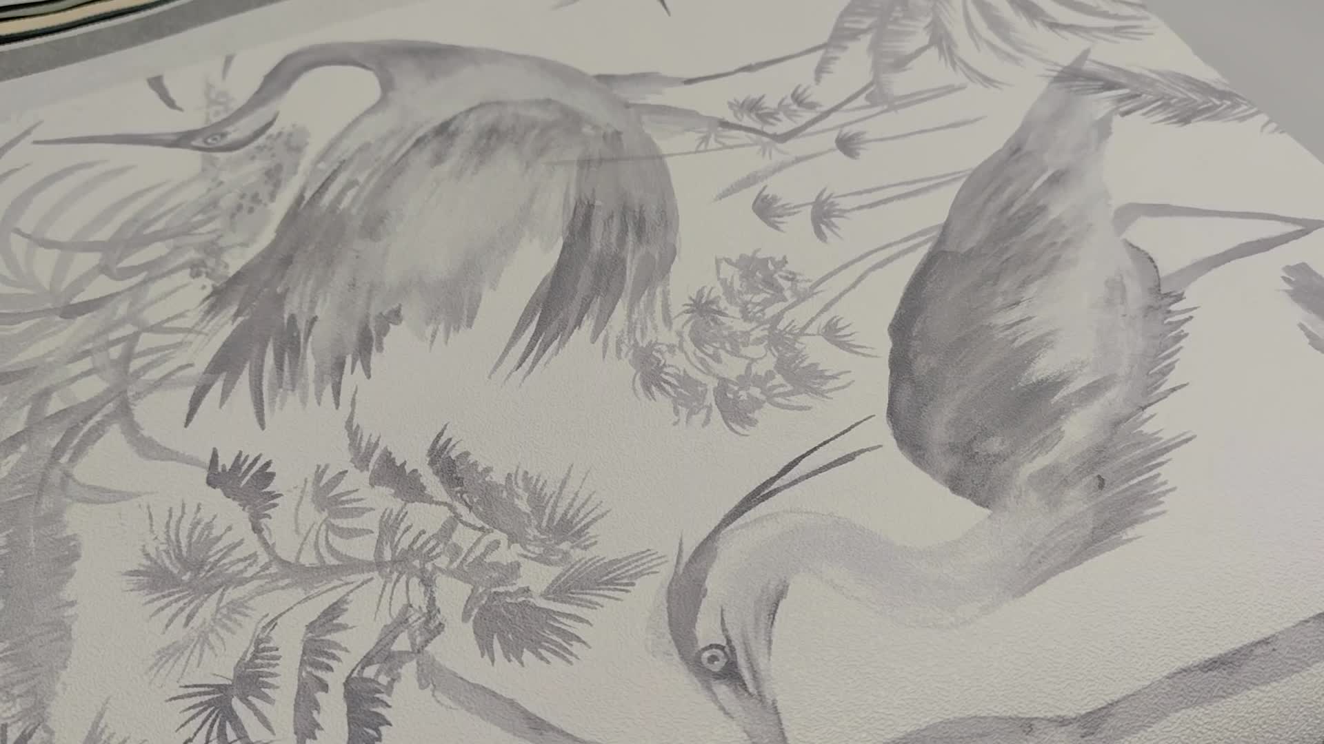 Szürke keleties madár és botanikus mintás vinyl tapéta