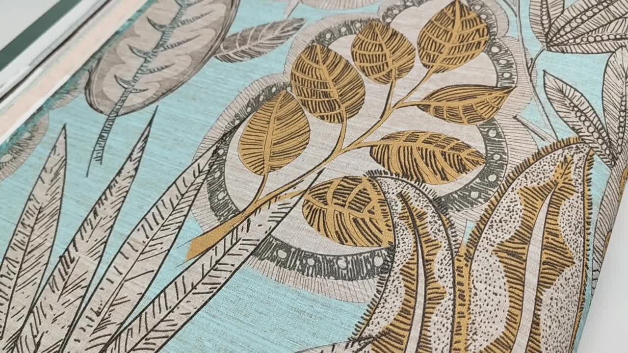 Vinyl tapéta kék alapon leveles mintával