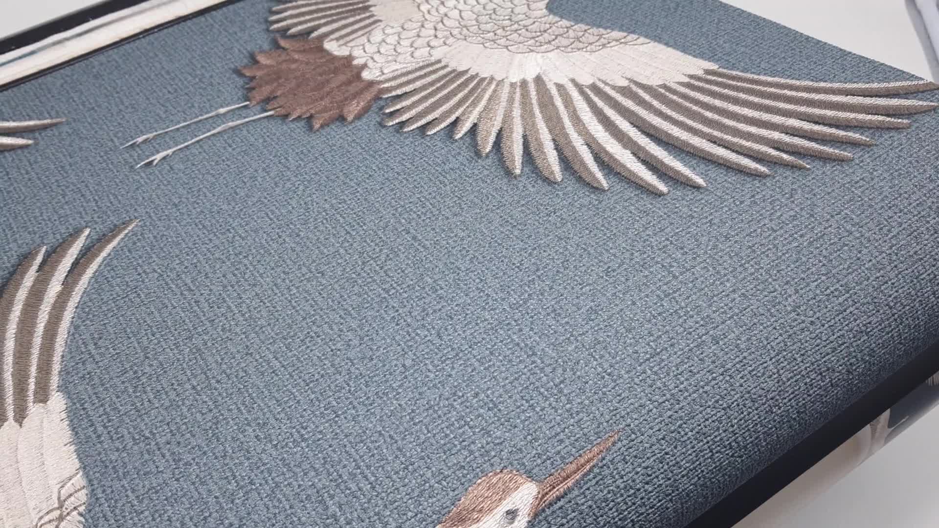 Vinyl tapéta kék textiles alapon daru madaras mintával