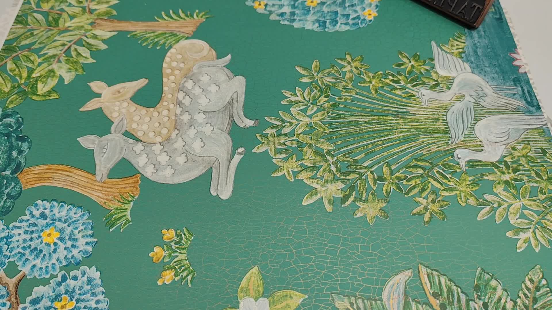 Türkiz Sanderson tapéta keleties állat és botanikus mintával