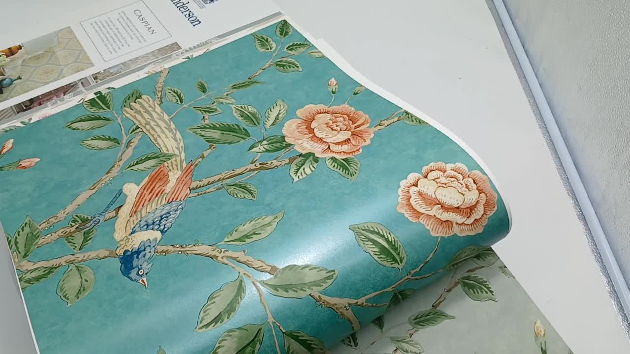 Türkiz Sanderosn tapéta madár és virágos mintával