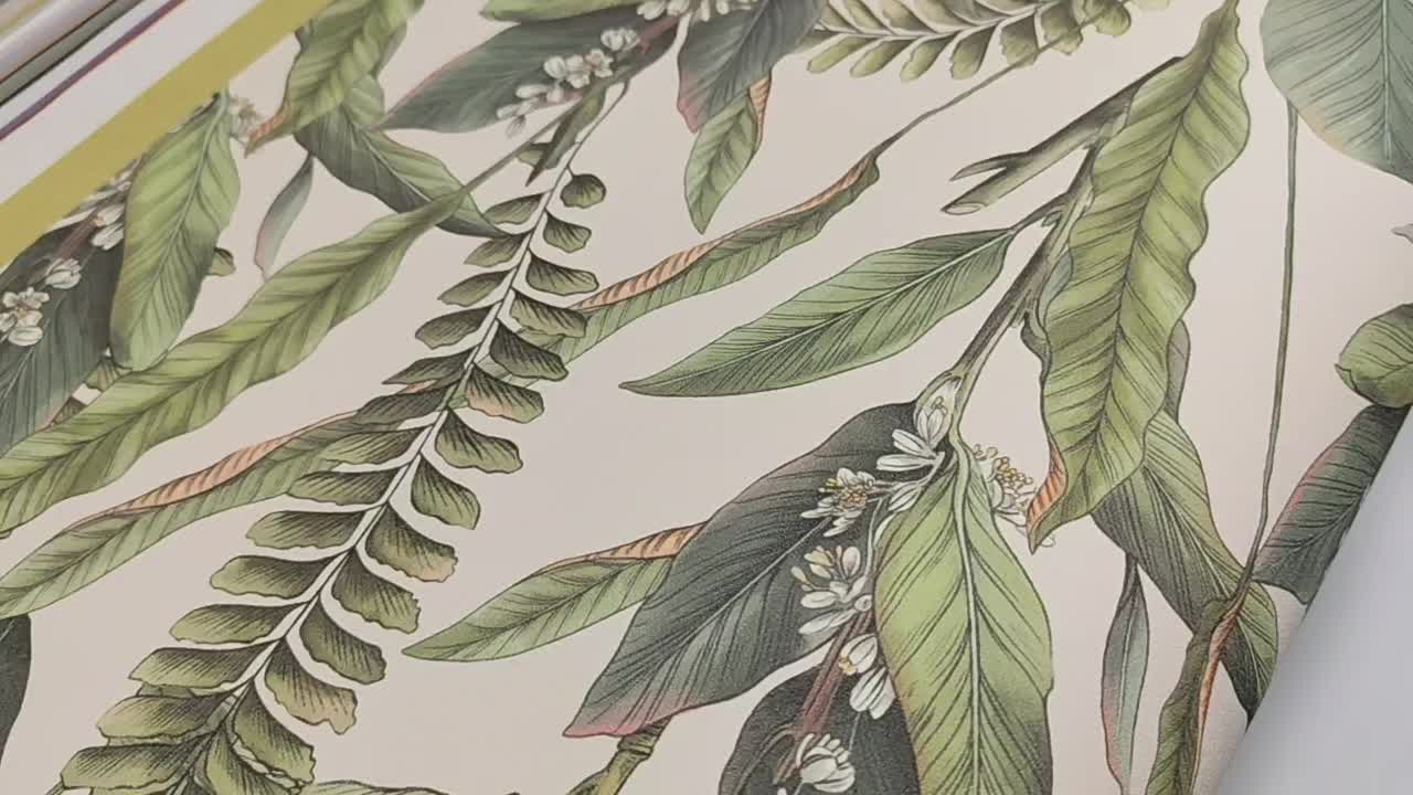 Vinyl tapéta zöld levél és virágos mintával natur alapon mosható
