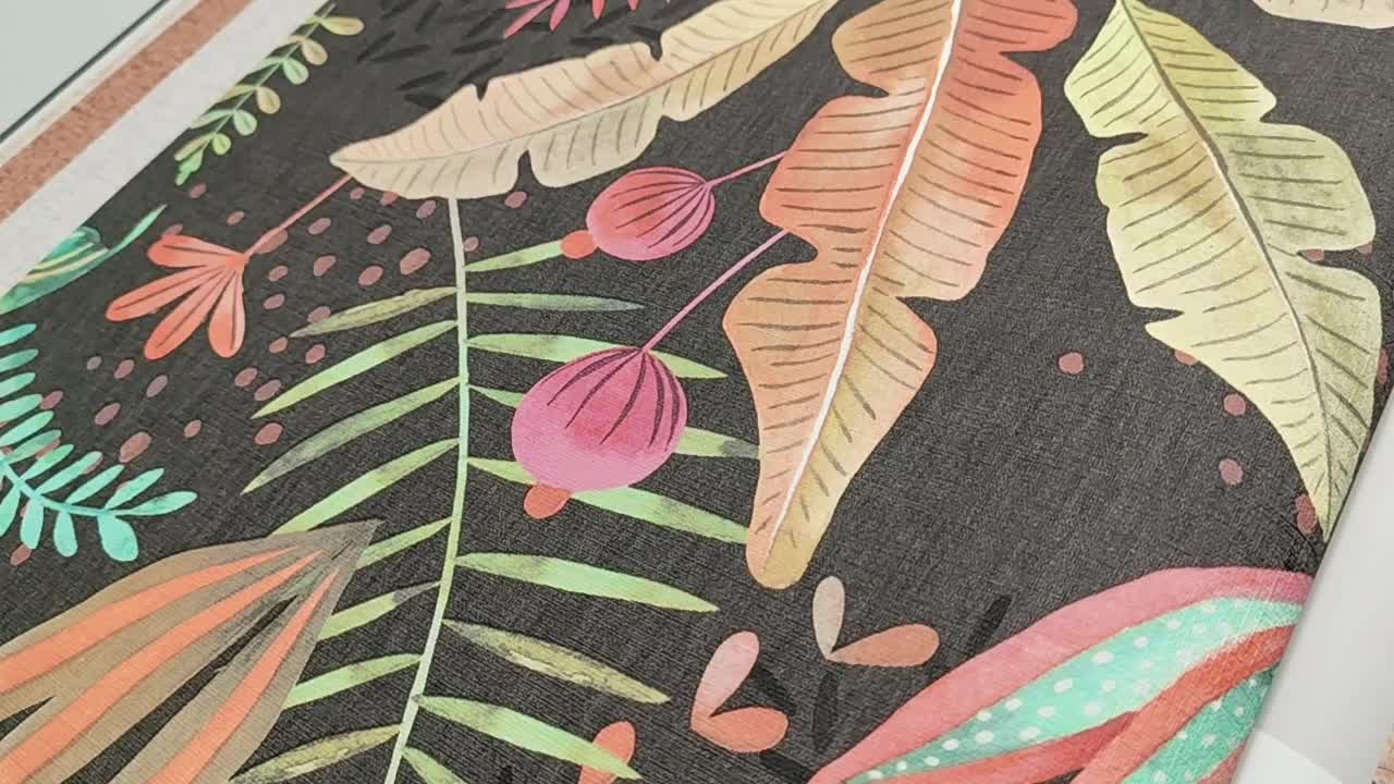 Vinyl tapéta színes leveles mintával antracit alapon