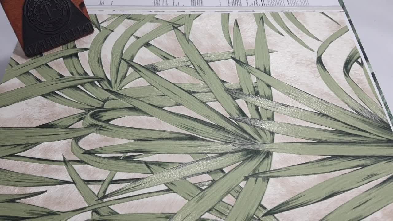 Zöld dekor tapéta pálmaleveles mintával vinyl mosható