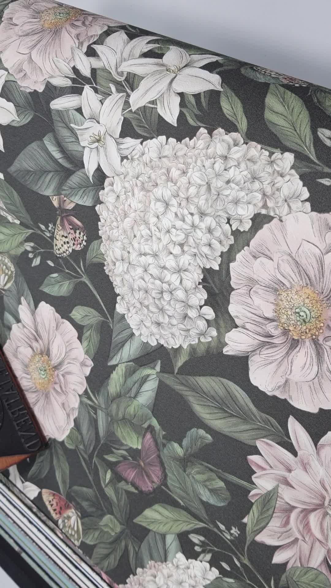 Zöld dekor tapéta virág lepke mintával