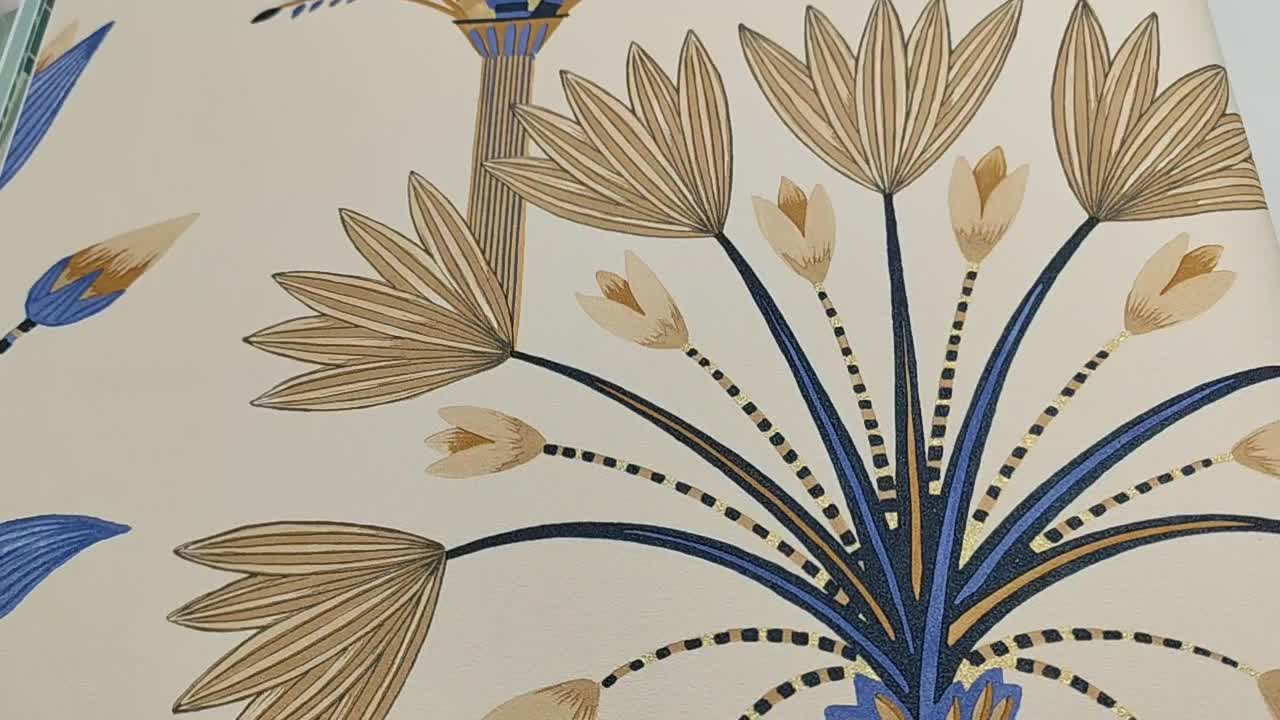 Dekor tapéta bézs kék art deco levél mintával vinyl mosható