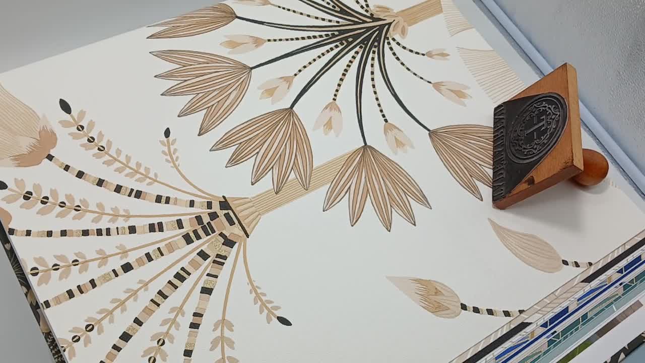 Bézs art deco tapéta botanikus mintával vinyl mosható