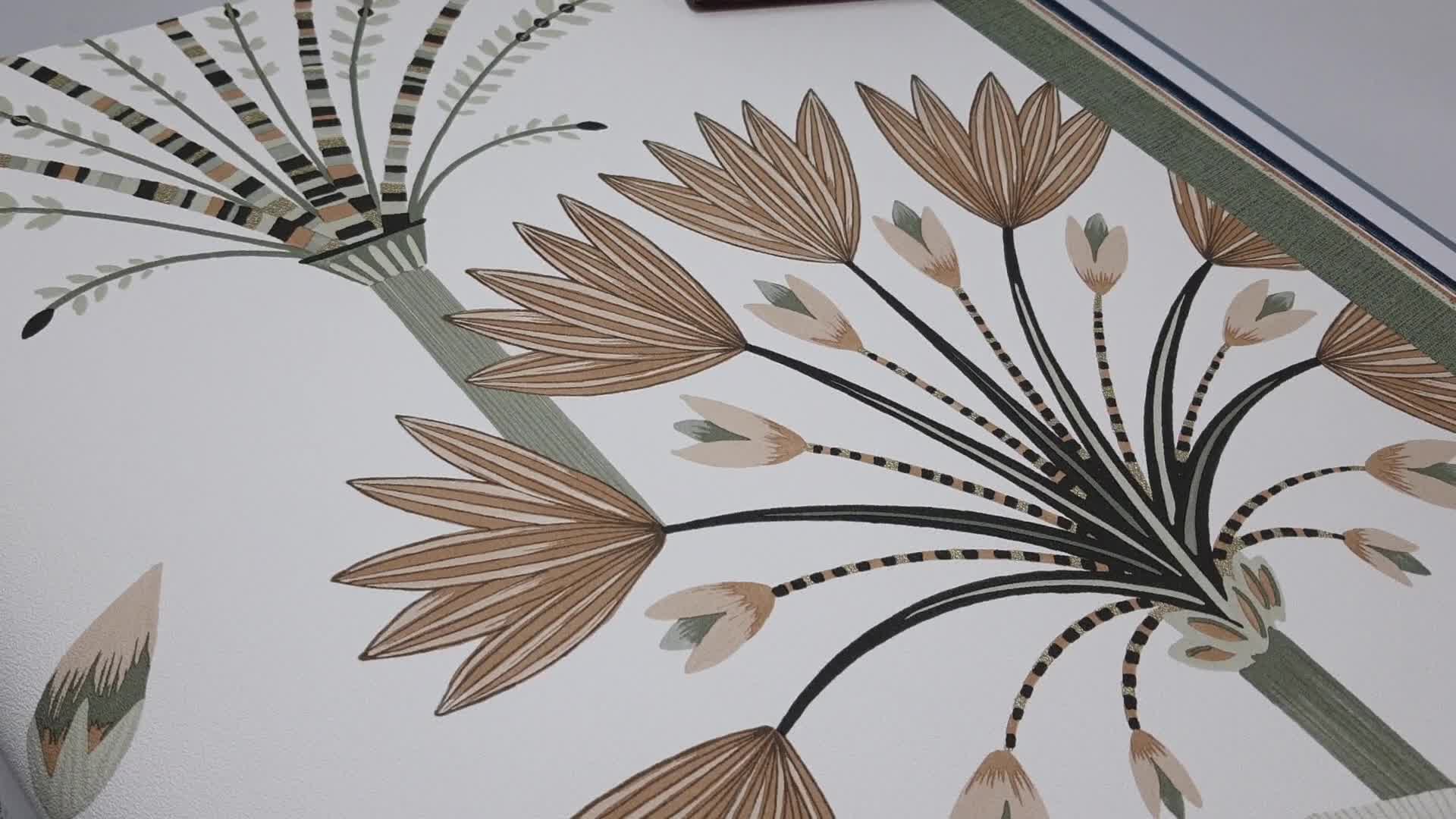 Bézs halványzöld art deco dekor tapéta leveles mintával
