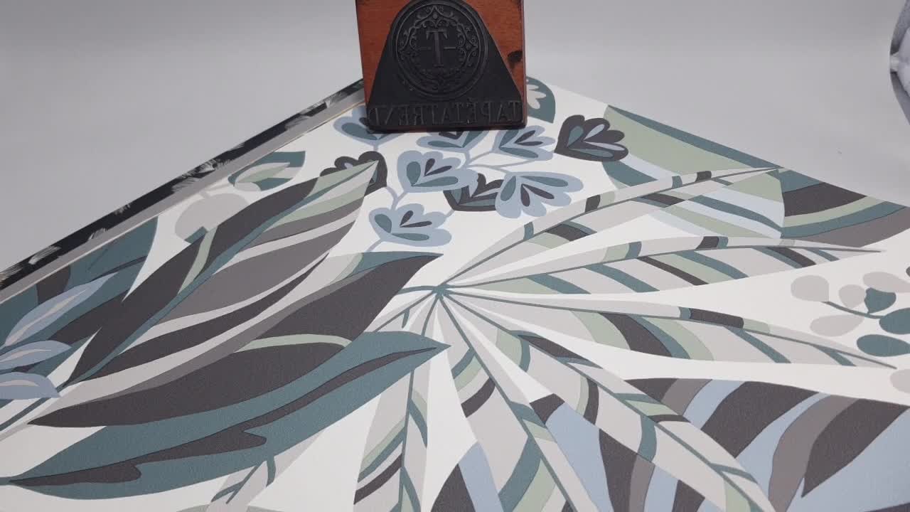 Zöldeskék dekor tapéta leveles mintával vinyl mosható