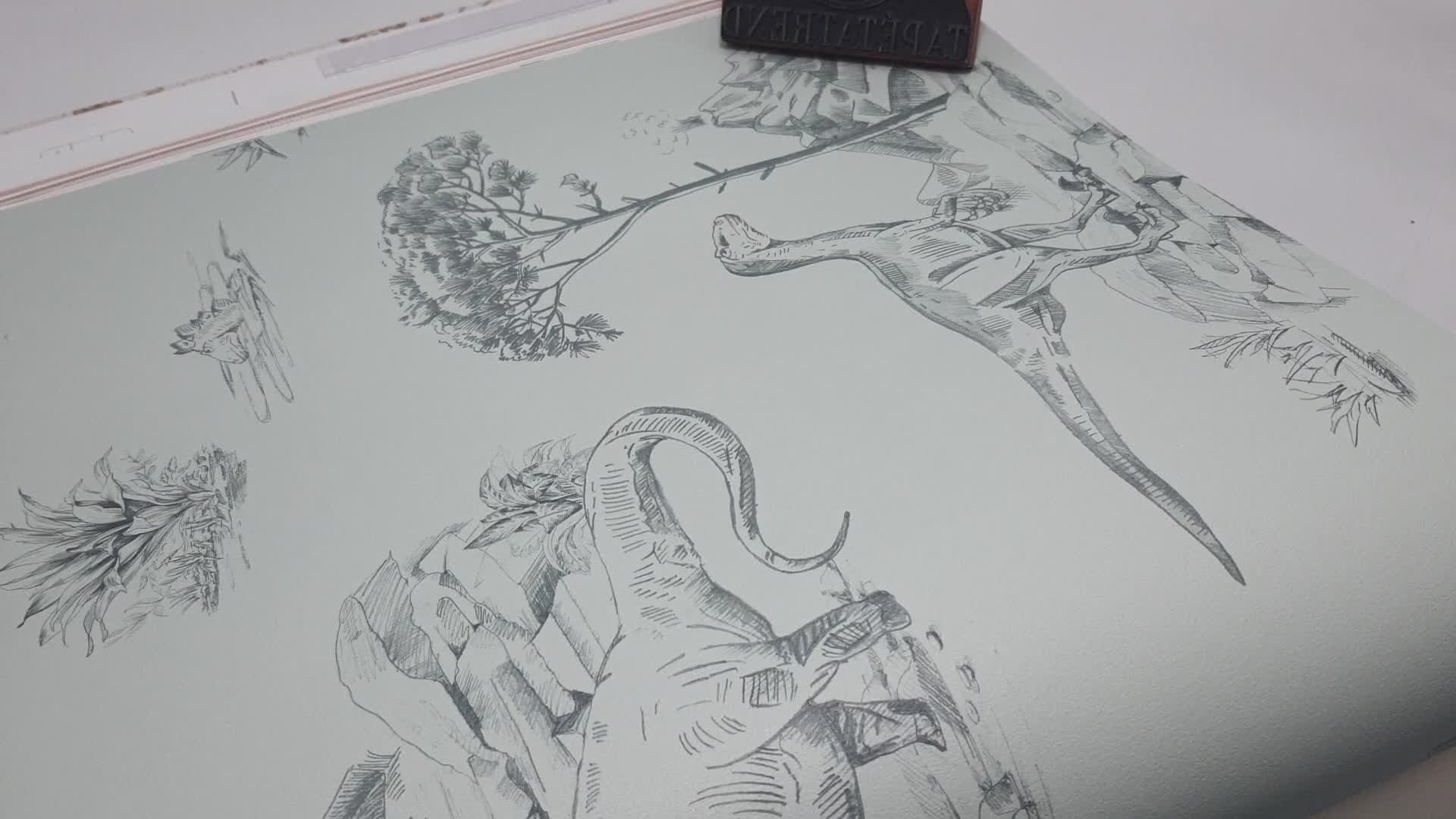 Gyerek design tapéta szürkés zöld színben dinoszaurusz mintával